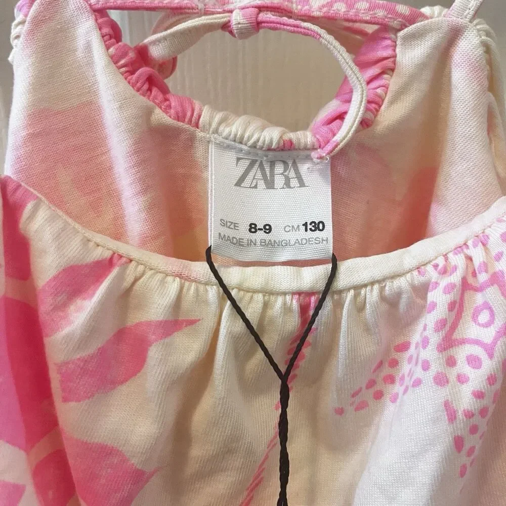 Zara Girls Pink Tropical Ruffle Crop Tank Floral Hawaiian Palm Trees SZ 8-9 NWT